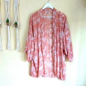 Amuse Society Peach Tropical Leaf Print Pink Kimono Top M/L